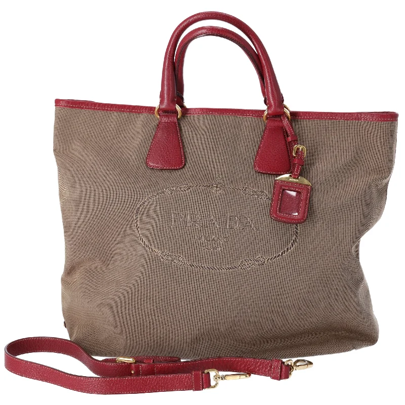 PRADA Logo Jacquard Tote Bag Neutral Tan Bordeaux Jacquard Leather