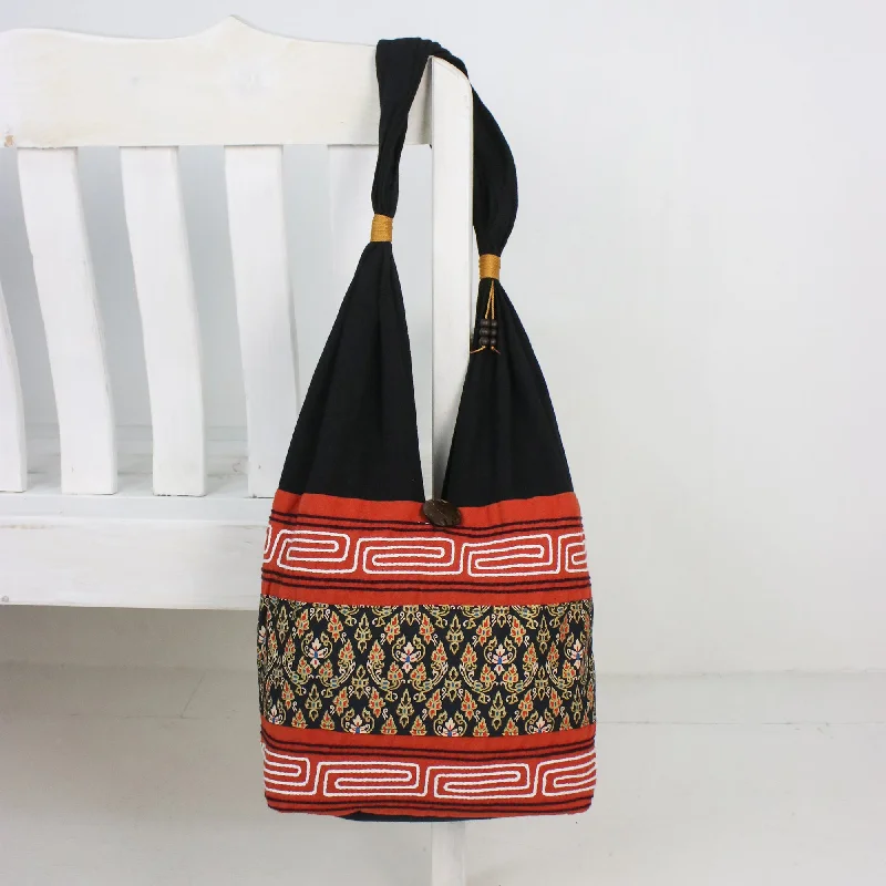 Charming Thai in Paprika Floral Cotton Blend Shoulder Bag in Paprika from Thailand