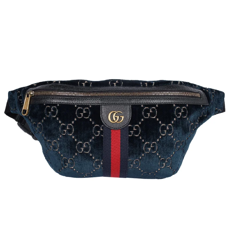 Velvet GG Monogram Web Belt Bag Blue Beige