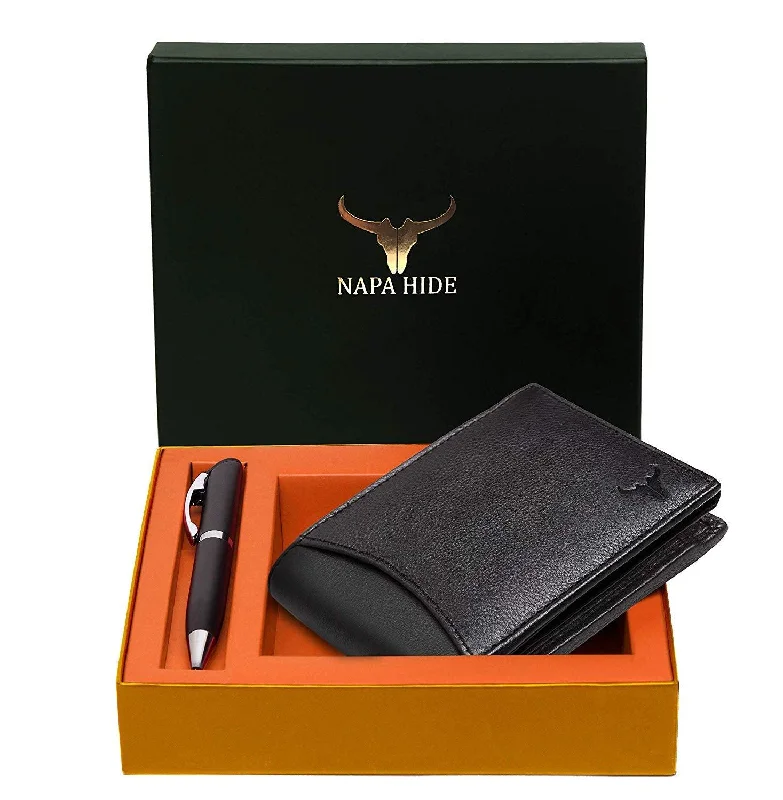 Napa Hide RFID Protected Genuine High Quality Leather Wallet & Pen Combo for Men (Black)