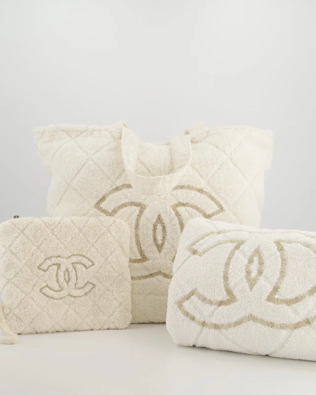 *HOT* Chanel Ivory Terry Beach Set with CC Tote Bag, Towel and Small Pouch