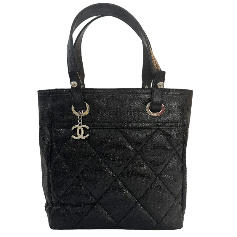 CHANEL Paris Biarritz Tote Black Coated Canvas Leather Small Tote Bag Black