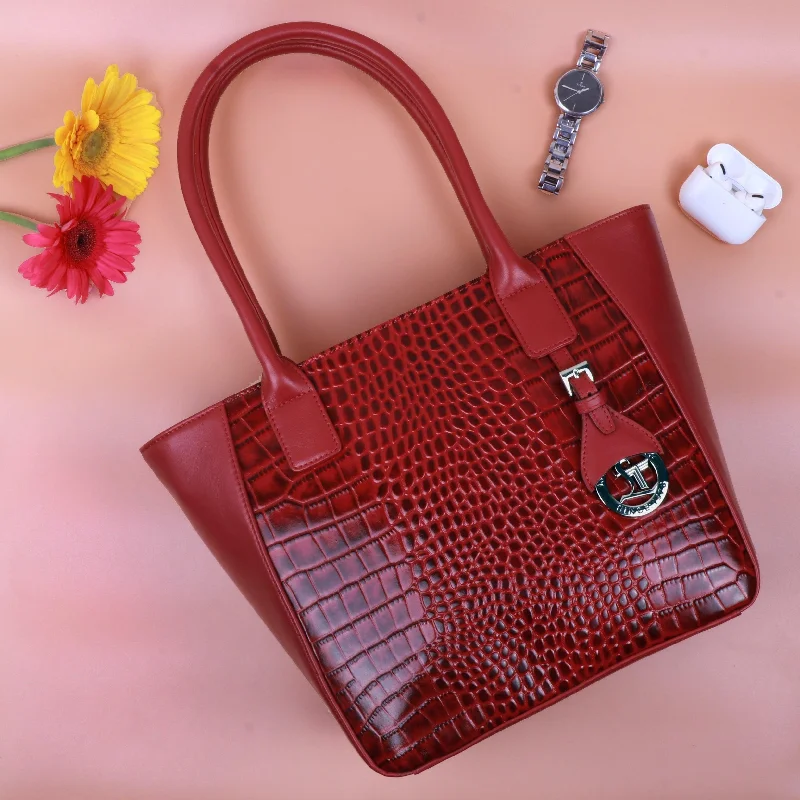 Elvis Leather Tote Bag For Women | Croco Embossed Genuine Leather | Color: Red, Black & Brown